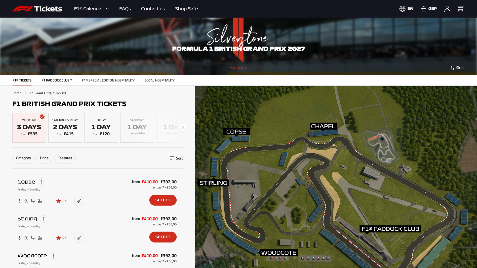 F1 Ticketshop — event listing with 3D venue map