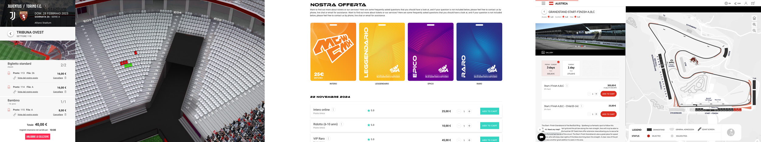 Final UI — Juventus seat selection · Festival layout · MotoGP 2D map